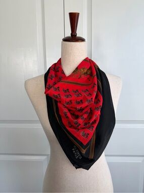 Vintage Hermes Paris Silk Horse and Carriage Scarf Red and Black